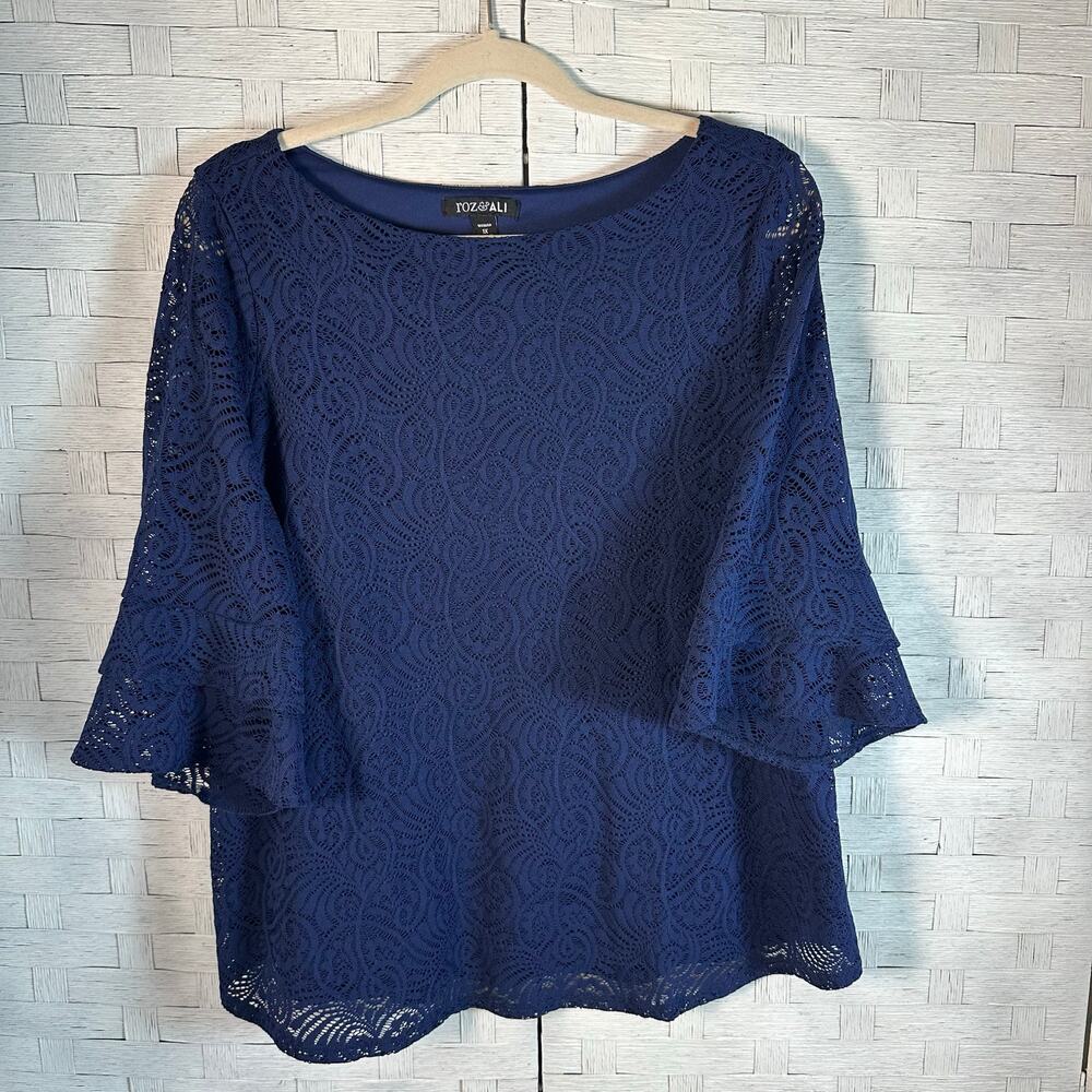 Roz & Ali Blouse Blouse lace overlay Bell sleeve Bohemian Romantic plus siz